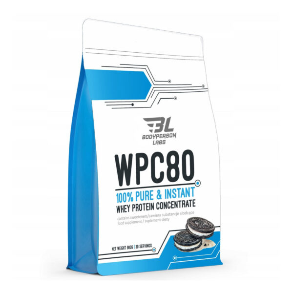 "WPC80 - 900g Oreo protein powder packaging."