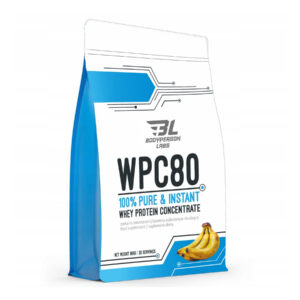 "WPC80 - 900g Banana protein powder packaging."