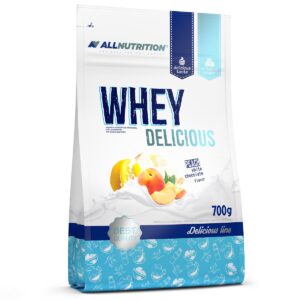 Alt text: "Whey Delicious - 700g Chocolate protein powder."