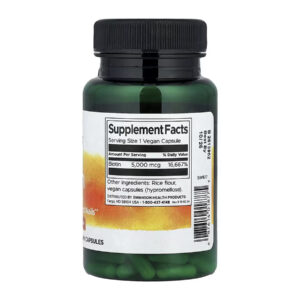 "Biotin 5000mcg - 100 caps supplement bottle."