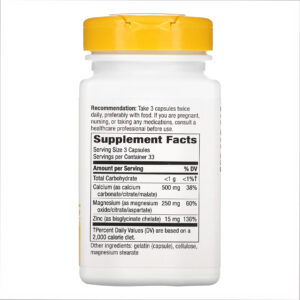 "Calcium-Magnesium-Zinc - 100 caps supplement bottle"
