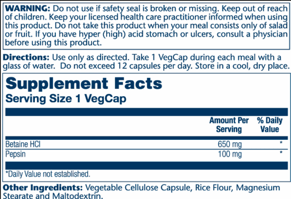 High Potency Betain HCl with Pepsin 650mg packaging.