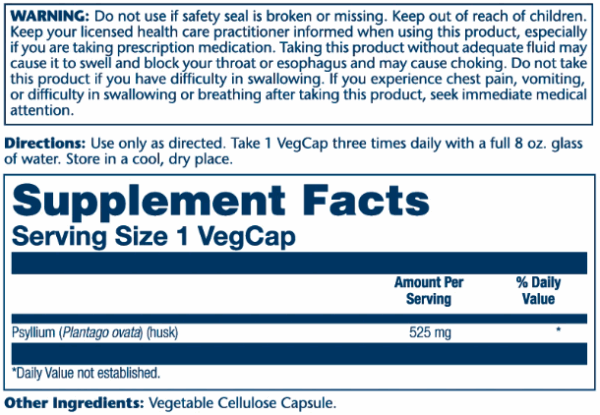 "Psyllium Husk 525mg - 100 vcaps packaging"