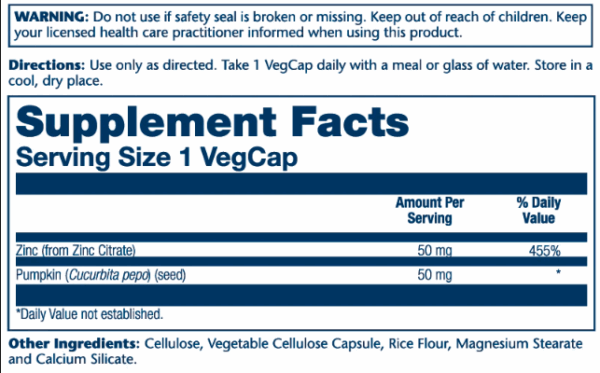 Zinc Citrate 50mg - 60 vcaps bottle.